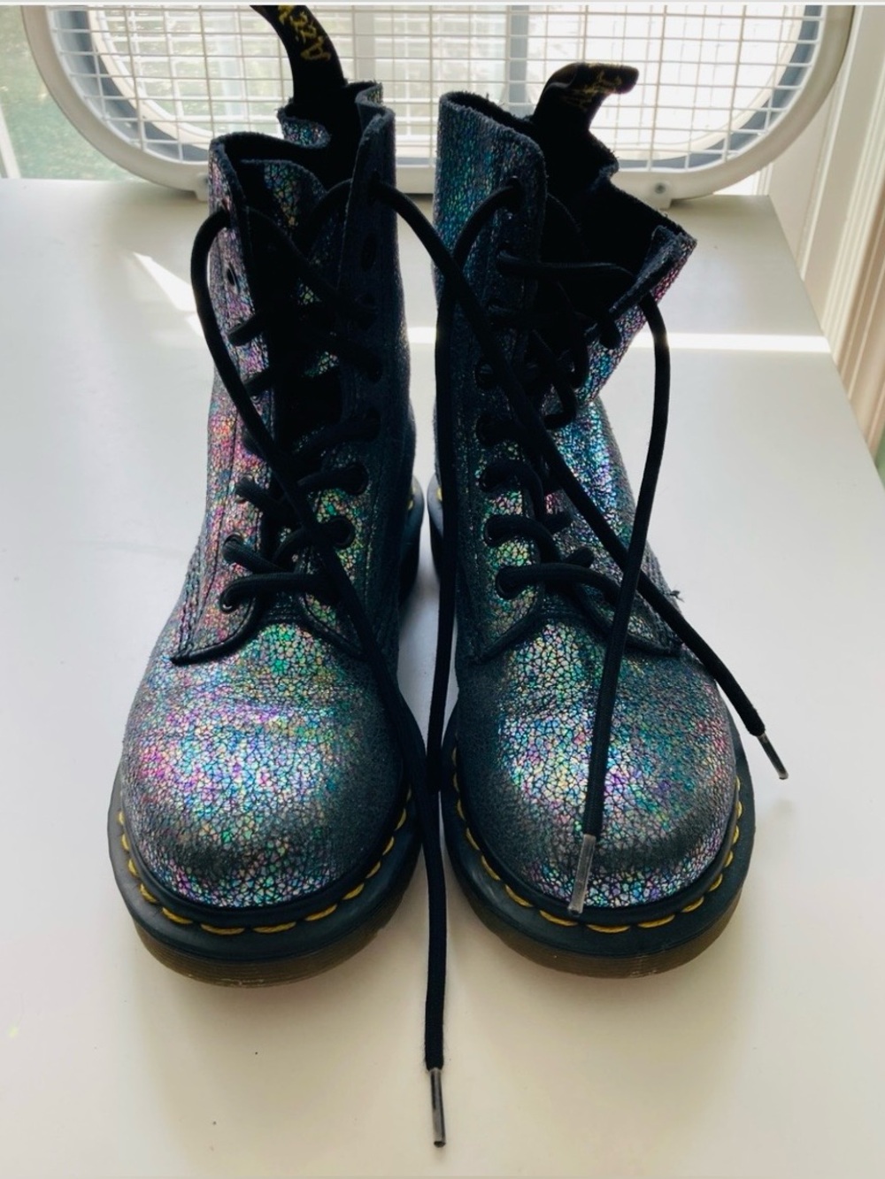 SPARKLE Dr. Martens Iridescent Holographic Lace-Up Black Boots/Yellow Stitching